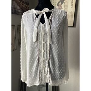 Matilda Jane Women’s Size Medium Cream Chiffon Swiss Dot Sheer Bow Blouse Top